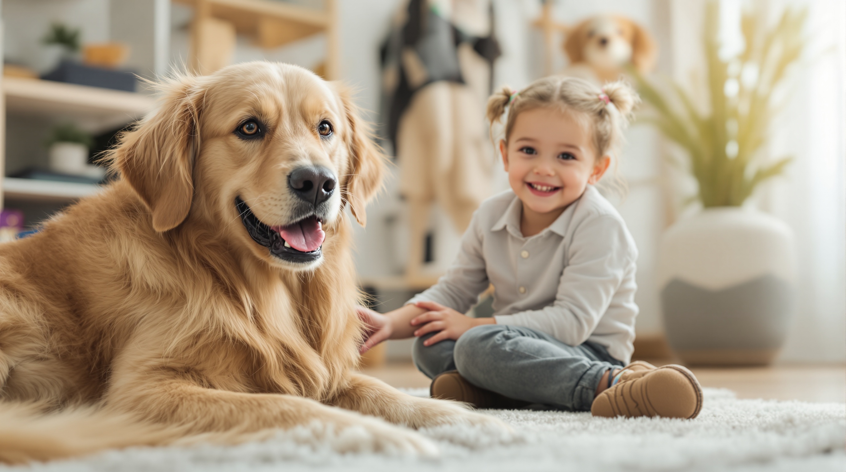 Child interacting with therapy dog