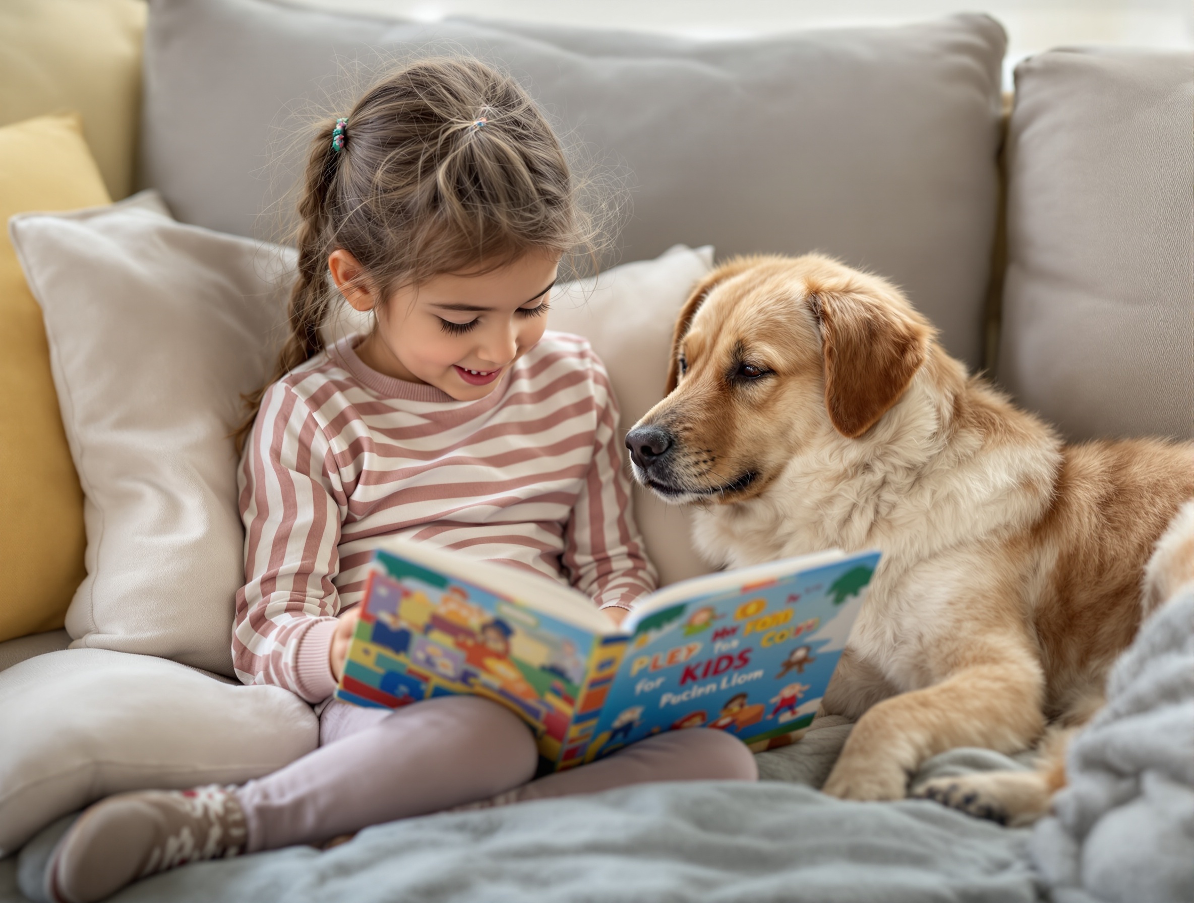 Child reading to therapy dog